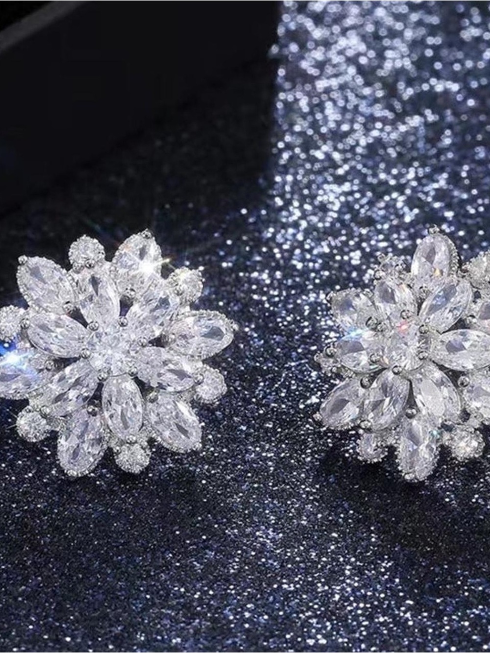 Crystal Floral Stud Earrings - Silver Tone